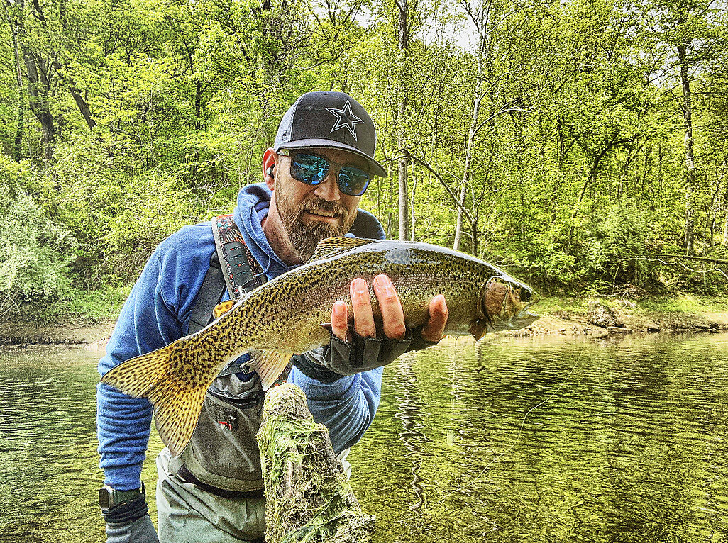 Guide holding a large brown trout on the Little Red River