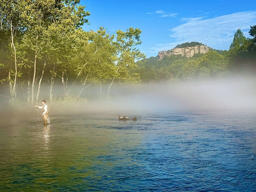 Angler casting through morning fog on Taneycomo